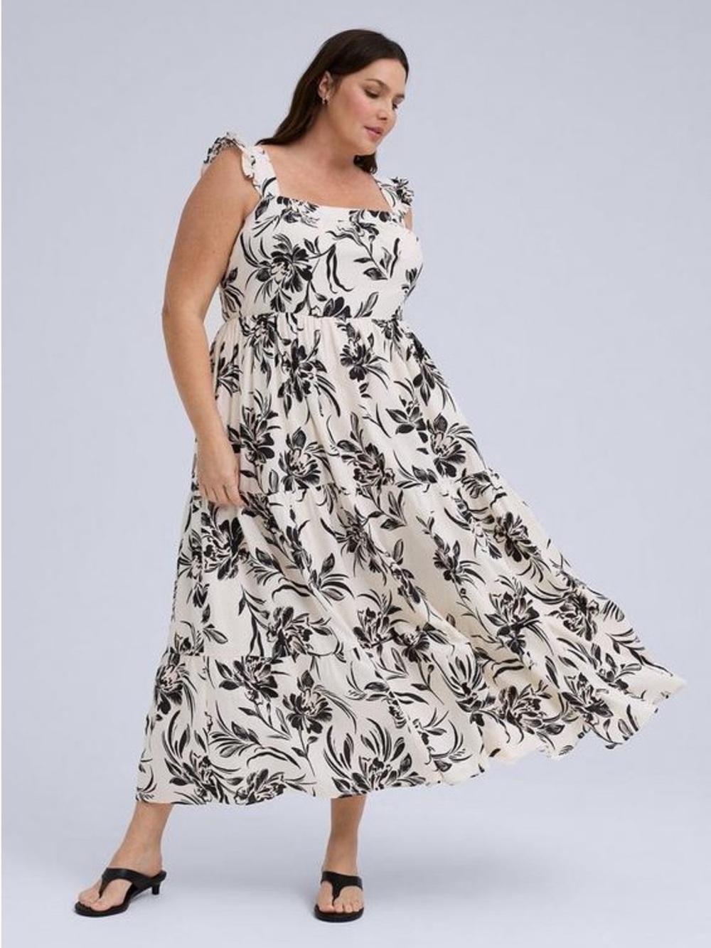 Torrid 2x Linen Cotton Plus Size Cream Floral Maxi Dress with Black Print NWT